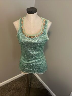 BKE Mint Green Sequin Tank with Coral Bead Neckline